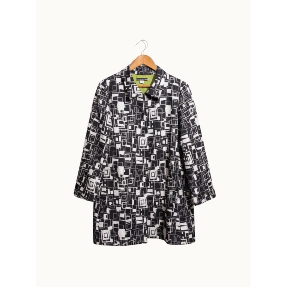 DS Petite Silk Duster Jacket Geometric Grid Black White Longline Coat Size 12P